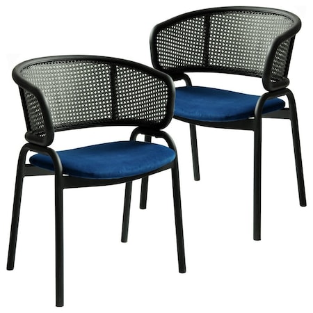Leisuremod Ervilla Dining Chair in Black Steel Frame with Black Wicker Back in Navy Blue, 2PK ECBL-20BL-NBU2