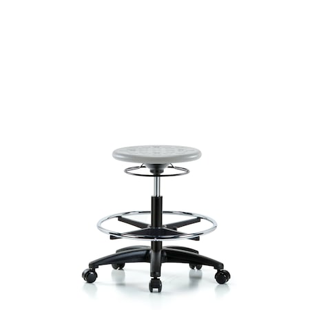 Blue Ridge Ergonomics Huron Polyurethane Stool - Medium Bench Height with Chrome Foot Ring & Casters in Gray Polyurethane IPMBSO-RG-CF-RC-GRY