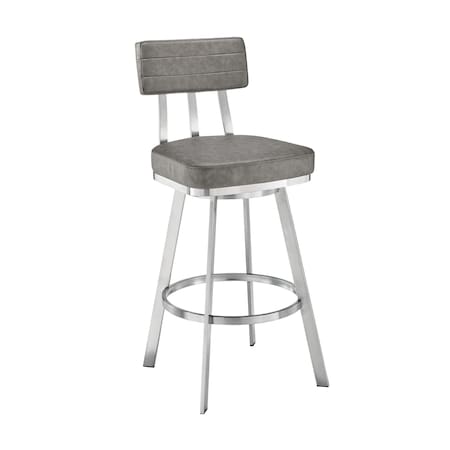 Armen Living Benjamin 30in Swivel Bar Stool in Brushed Stainless Steel with Gray Faux Leather LCBEBABSVGRY30