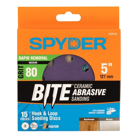 Spyder 5-Inch x 8-Hole 80 Grit Ceramic with Stearate Sanding Discs, 15PK 500040