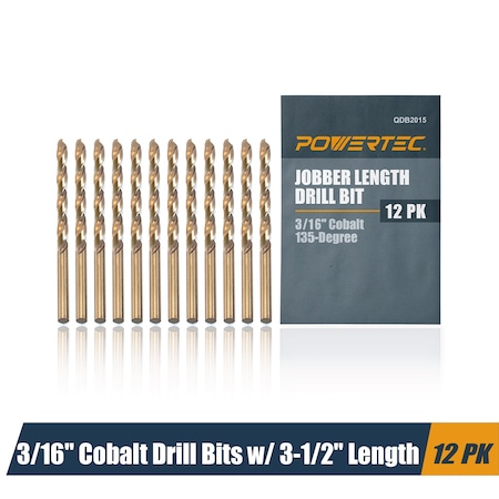 Powertec 3/16" Cobalt Drill Bits 3-1/2" Length, M35 HSS Jobber Length Twist Bits with 135 Deg Tip, 12PK QDB2015