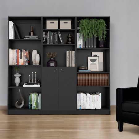 Homeroots 71" Black Five Tier Bookcase with Two doors 546342