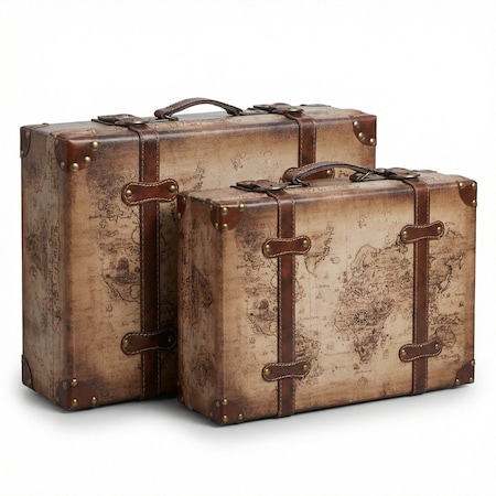 Vintiquewise Old World Map Leather Vintage Style Suitcase with Straps, PK 2 QI003048.2