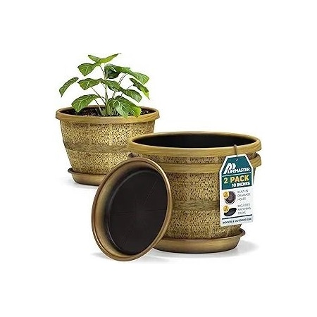 Lifemaster 10-Inch Whiskey Barrel Planters, Durable Plastic Pots with Drainage and Saucer, 2PK LMPBP2GOD2