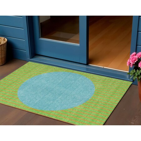 Homeroots 3' X 5' Lime Green And Blue Striped Washable Indoor Outdoor Area Rug 597175