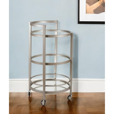 Homeroots Nickel Steel And Glass Round Rolling Bar Cart 530459