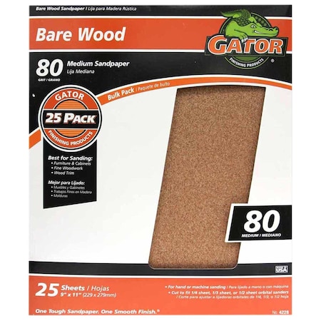 Gator Finishing 9 x 11 in. Bare Wood Sandpaper, 80 Grit, Medium, 25PK 4228