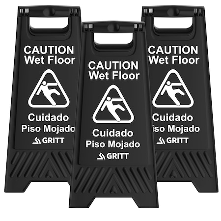 Gritt Commercial Black Caution Wet Floor Sign, Pack of 3, 3PK GRI184-BLK-3PK