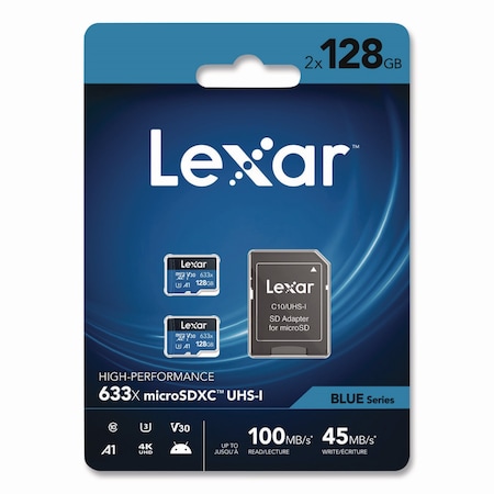 Lexar High Performance BLUE Series microSDXC Memory Card with Adapter, UHS-I V30 U1 Class 10, 128 GB, 2PK LSDMI128-B2U633