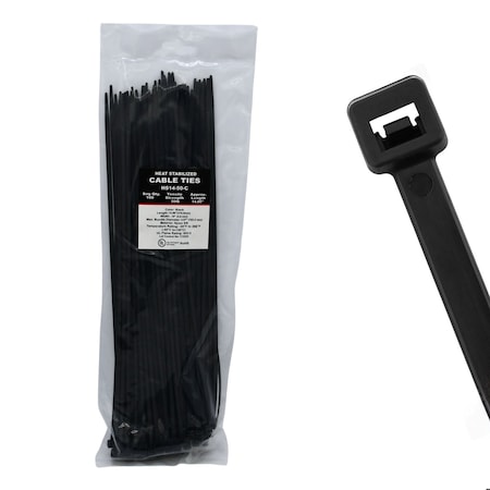 Cable Ties Unlimited Heat Stabilized Cable Tie, 14 in L, 50 lb Strength, 4 in Max Bundle Dia, Nylon, UV-Res, Blk, 100PK HS14-50-C