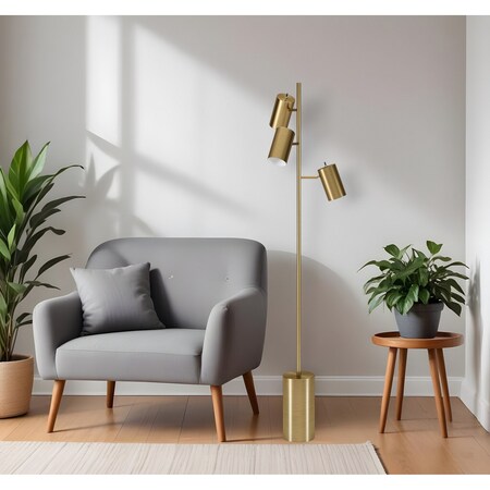 Homeroots 65" Brass Three Light Tree Floor Lamp With Brass Metal Cylinder Shade 523592