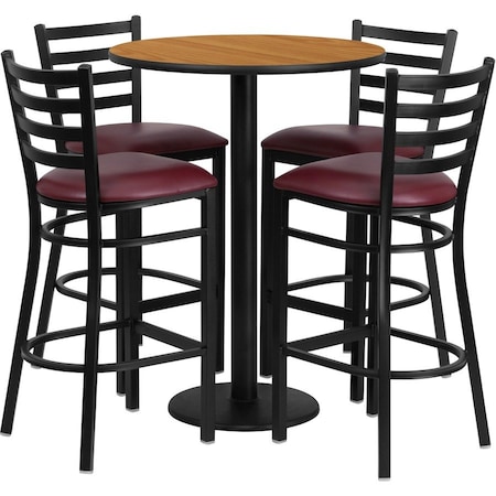 Flash Furniture Round Natrl Bar Tble, Rnd Base w/Burg Seats, 30", Laminate Top, Wood Grain RSRB1027-GG