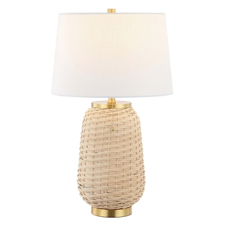 Jonathan Y Chakrii 25" Rustic Bohemian Iron/Rattan LED Table Lamp with Pull-Chain, Brass Gold/Light Brown JYL4044A
