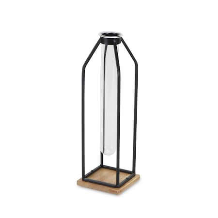 Homeroots 12" Black Clear And Natural Metal Glass And Wood Posy Test Tube Table Vase 488181