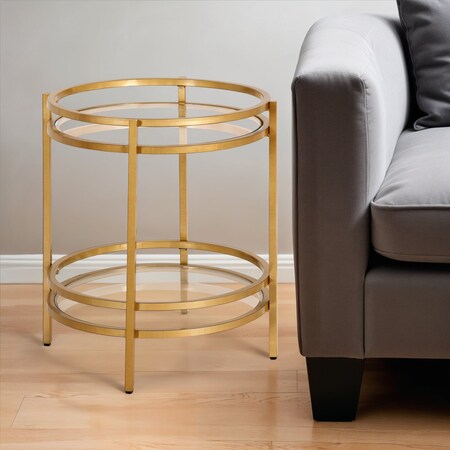 Homeroots 22" Brass And Clear Glass And Steel Round End Table With Shelf 543812