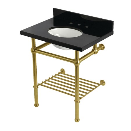 Kingston Brass 30-Inch Black Granite Console Sink with Brass Legs and Shelf, 8-Inch, 3-Hole KVPK30KBB7