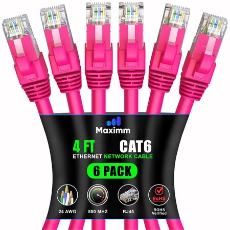Maximm Cat6 Ethernet Cable 4ft 10Gbps 550MHz UTP, 6PK, Pink, 6PK CAT6CCA-4PN-6PK