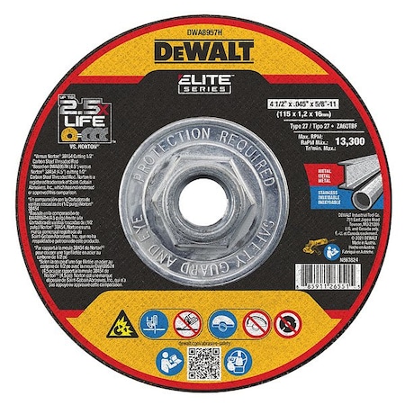 Dewalt Depressed Center Cut-Off Wheel, Type 27, 4 1/2 in Dia, 0.045 in Thick, 5/8"-11 Arbor Hole Size DWA8957H