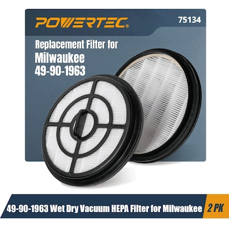 Powertec 49-90-1963 Wet Dry Vacuum HEPA Filter for Milwaukee M18 0885-20, 0885-21HD Backpack Vacuum, 2PK 75134