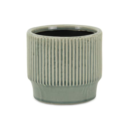 Homeroots Green Ceramic 41 Ounce Striped Round Distressed Pot Planter 487432