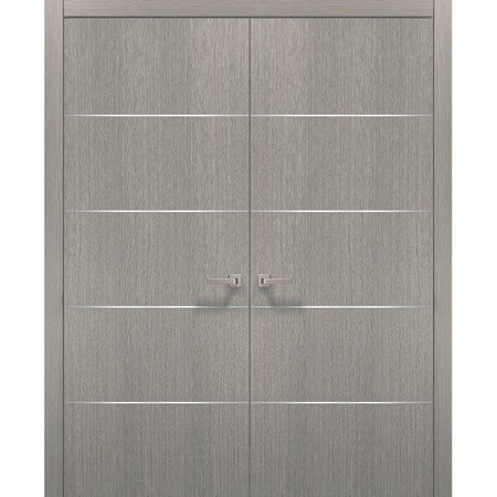 Sartodoors French Double Interior Doors with Hardware, Planum 0020 Grey Oak, Panel Frame Trims, Bathroom Bedro PLANUM0020DD-SD-3684