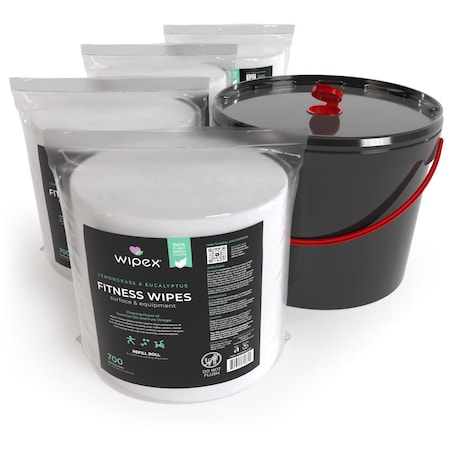 Wipex Plant-Based Fitness Wipes 700ct Bundle, 4 Refill Rolls + XL 11-Liter Bucket, Lemongrass/Eucalyptus WX72082LERP-4-Kit-11LB