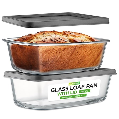 Nutrichef 4 Piece Glass Loaf Pan Set with Lids, Clear NCGL2LO