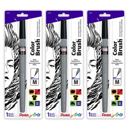 Pentel Color Brush with Pigment Ink, Medium Tip, Black, 3PK FP5MBPA