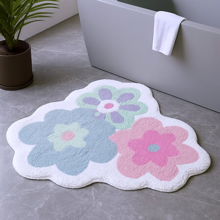 Homeroots 32" Pink And White Cotton Flowers Floral Bath Rug 635402