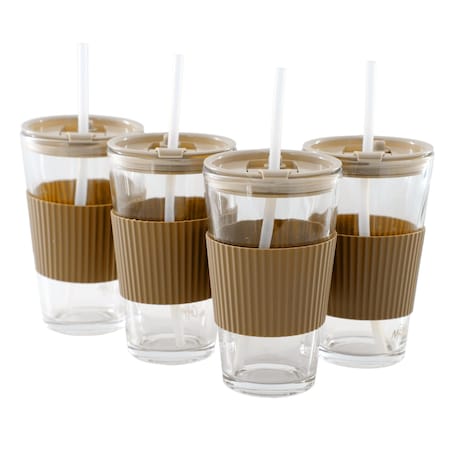 Mr. Coffee Sip Savvy 4 Piece 15 Ounce Silicone Sleeve Glass Cup Set w/ Lid and Straw in Brown 750123590M