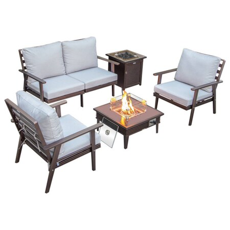 Leisuremod Walbrooke Brown Patio Conversation, Square Fire Pit with Slats Design & Tank Holder, Light Grey WBRS-27-20-57-31-LGR