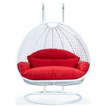 Leisuremod White Wicker Hanging 2 person Egg Swing Chair with Red Cushions ESCW-57R