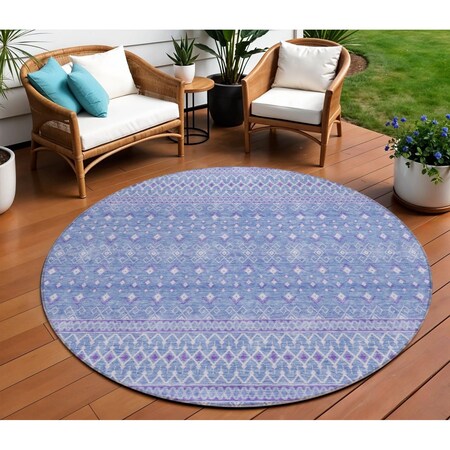 Homeroots 8' Sky Blue Purple And Ivory Round Tribal Washable Indoor Outdoor Area Rug 582634