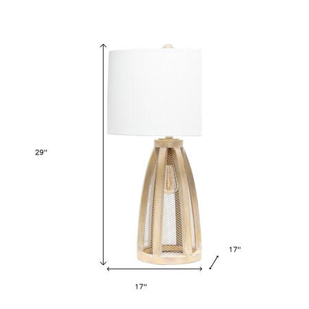 Homeroots 29" Natural And White Manufactured Wood And Metal Round Table Lamp With White Drum Shade 643331