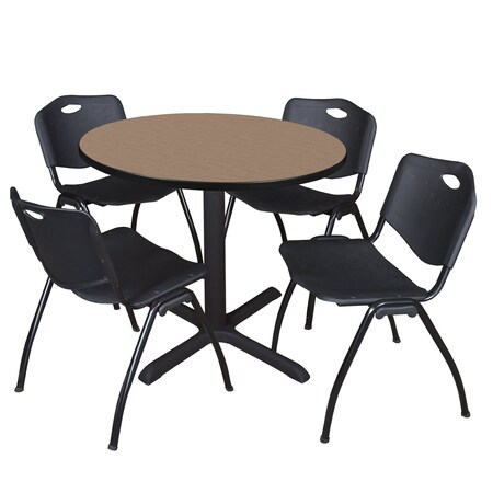 Regency Round Cain Breakroom Table W/ 4 M Stack Chairs, 36 in W, 36 in L, Noble Oak TB36RNDNO47BK