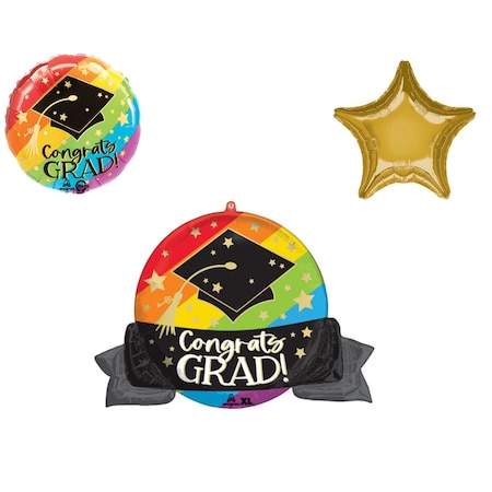 Loonballoon Graduation Grad Theme Balloon Set, 32 Inch Grad Bold Rainbow Balloon, Star Foil 97245-87268