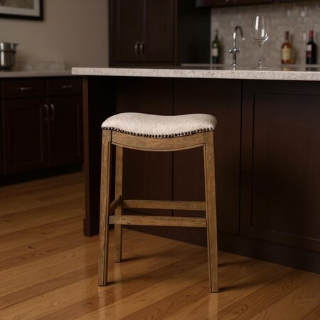 Homeroots 31" Beige and Brown Fabric and Solid Wood Backless Bar Height Bar Chair 632353