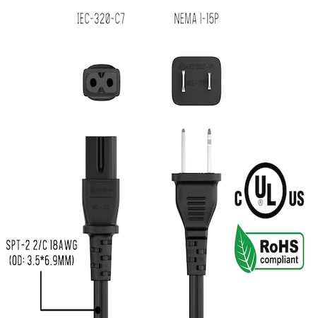Sanoxy 15ft 18 AWG 2-Slot Polarized Notebook Power Cord IEC320 C7 to NEMA 1-15P SNX-CBL-LDR-PW129-1215