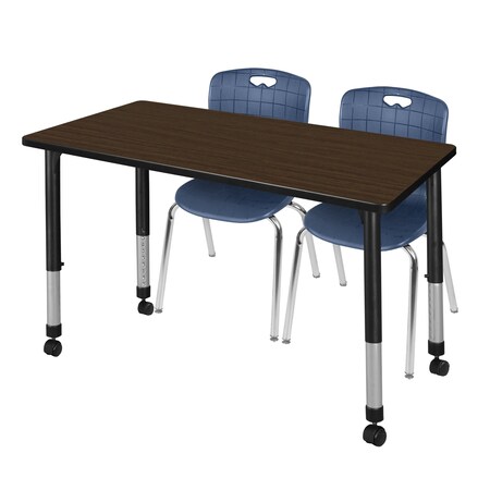 Regency Kee Mobile Adjustable Classroom Table W/ 2 Andy Stack Chairs, 60 in W, 30 in L, Neo Walnut MT6030NWAPCBK40NV