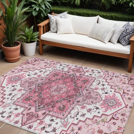 Homeroots 10' X 14' Pink Ivory And Gray Oriental Washable Indoor Outdoor Area Rug 600185