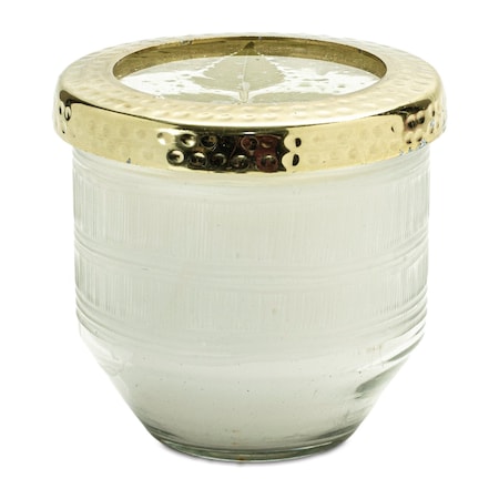 Homeroots 4" White Currant Scented Two Wick Candle In Clear And Gold Glass Holder 633995