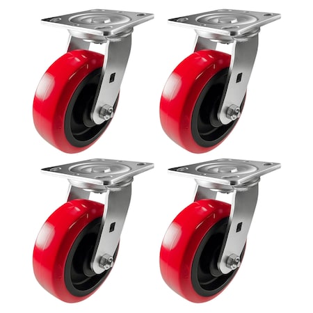 Hyw Products Heavy Duty Caster Set 6in Polyurethane on Plastic Wheels, 4 Swivel, 4PK 40-60S-A1-PU-4