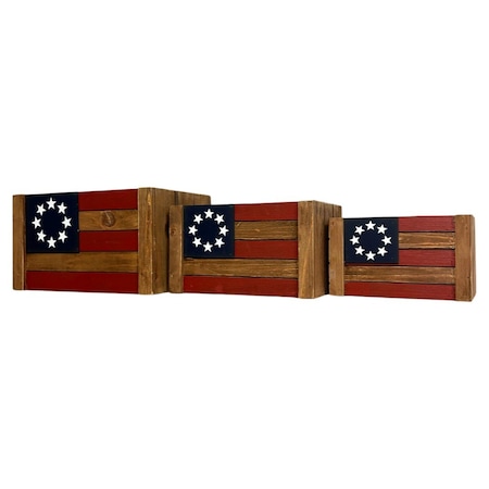 Homeroots Set of Three Brown Red White And Blue Americana Solid Wood Boxes, 3PK 636201