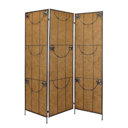 Homeroots 72" Brown Iron Folding Three Panel Screen Room Divider 274642