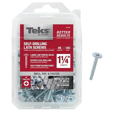 Teks Self-Drilling Screw, #8 x 1-1/4 in, Zinc Plated Steel Truss Head Phillips Drive 21532