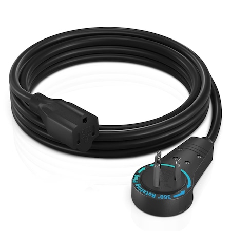 Maximm 5ft 16AWG 360 degrees Flat Plug Extension Cord, 3-Prong Grounded, UL, Black ADW-360-3105-B