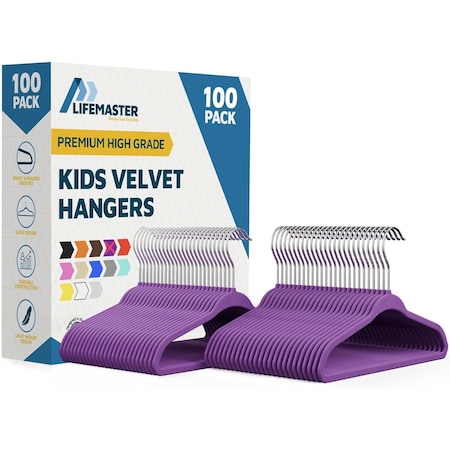Lifemaster Purple Velvet Kids Hangers 100 Pack, 10.83" Non-Slip, Slim ABS, Swivel Hook & Notches LMVVBH100PU