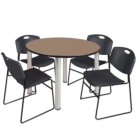 Regency Round Kee Breakroom Table W/ 4 Zeng Stack Chairs, 42 in W, 42 in L, Noble Oak TB42RNDNOBPCM44BK