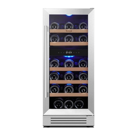 Homeroots 34in X 15in Silver Stainless Steel Dual Compartment Wine Refrigerator 720631