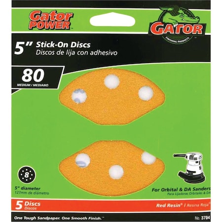 Gator Blade 5'' 80-Grit 8-Hole Pattern Vented Sanding Disc with Stick-On Backing, 5PK 3704